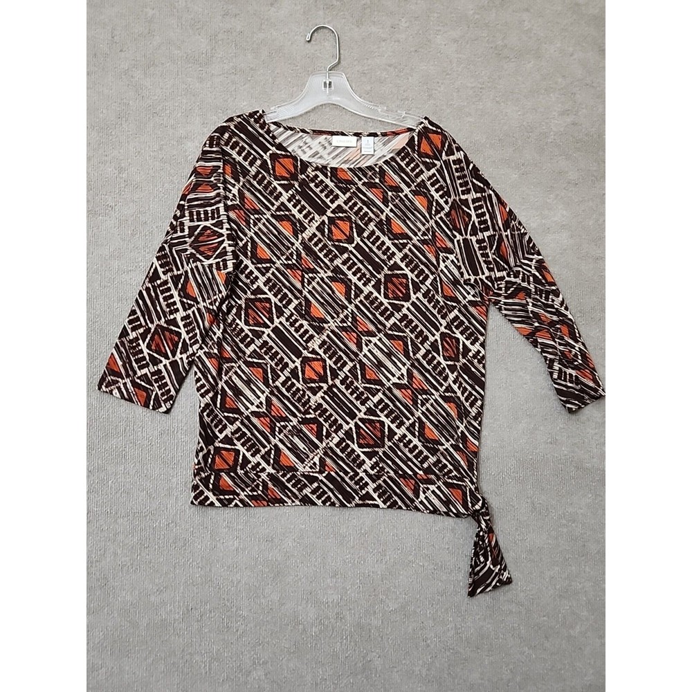Chicos Blouse Top Womens 1 M Brown 3/4 Sleeve Tie Bottom Travel Business Office